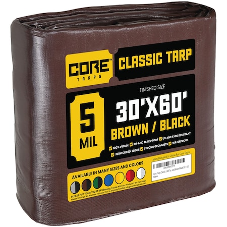 Core Tarps Heavy Duty Tarp, 60 ft L x 0.5 mm H x 30 ft W, 5 Mil, Brown/Black, Polyethylene CT-502-30X60